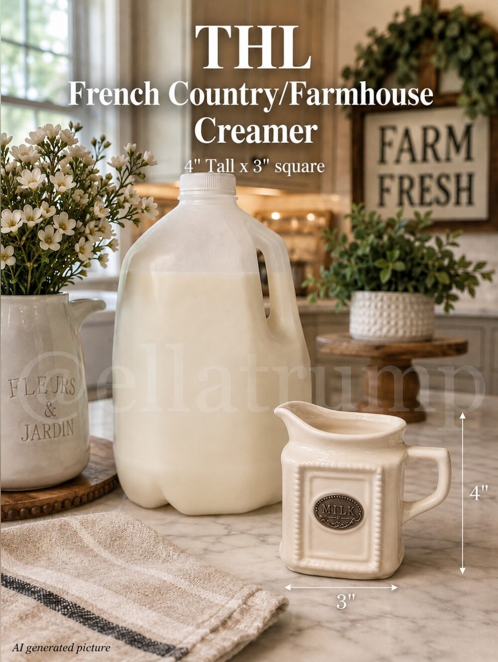 French Country/Farmhouse White Ceramic THL Milk Creamer 4"tall x 3" square